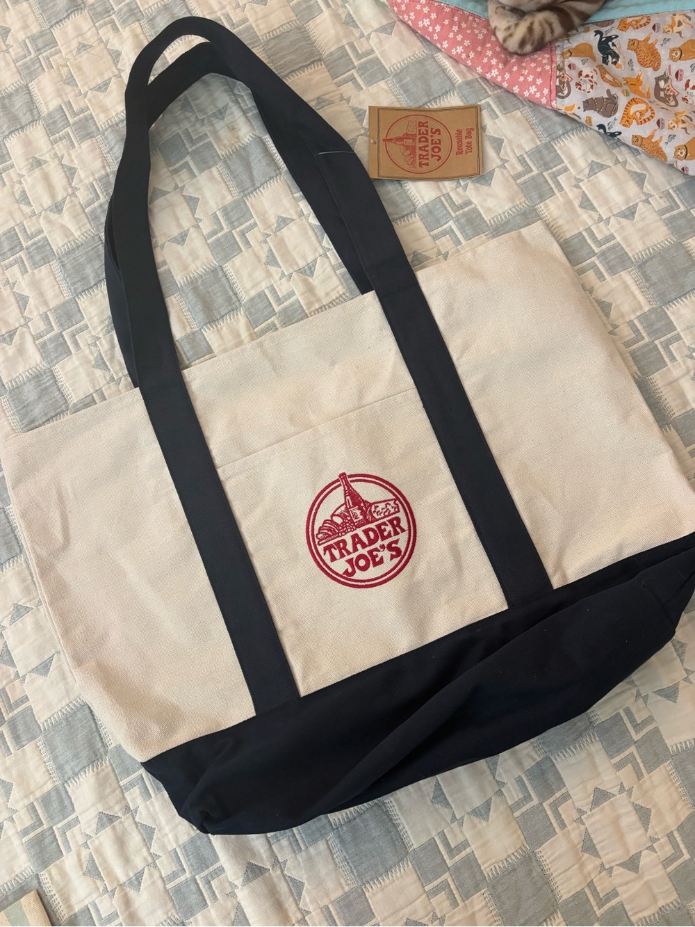 Trader Joe's Cream and Black Canvas Tote Bag